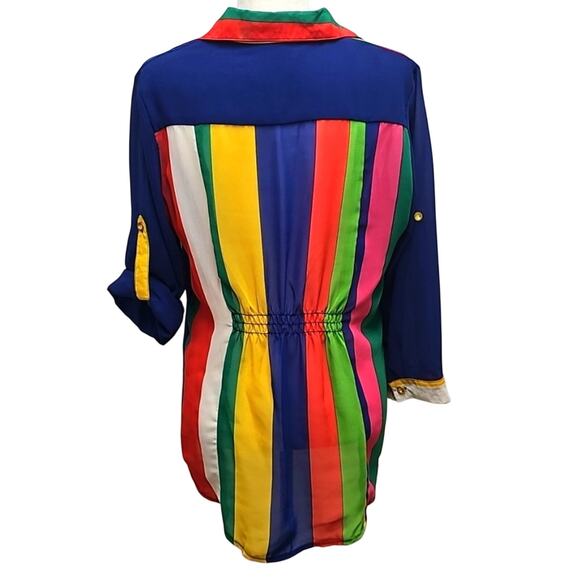 Xception Women Colorful Striped Semi-Sheer Button-Up Gathered Back Blouse Size L - Picture 4 of 7